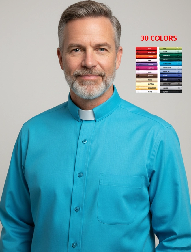 Mens turquoise long-sleeve men's clergy shirt with a white tab collar and matching turquoise buttons.